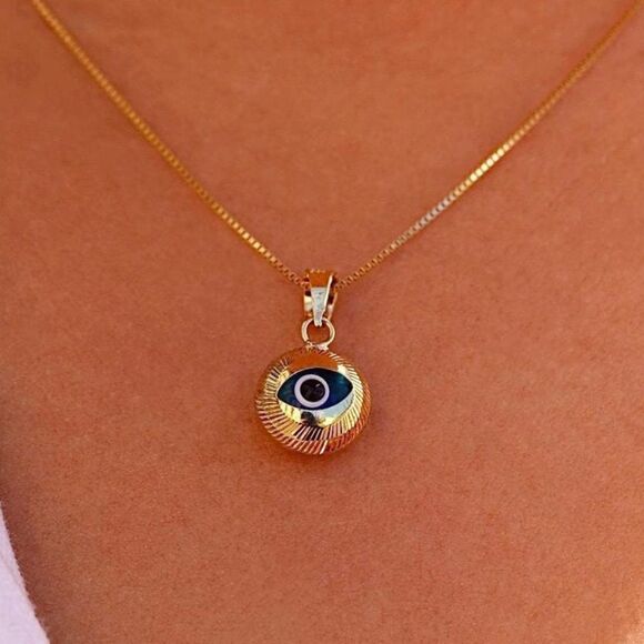 14k Real Yellow Gold Evil Eye Fluted Charm Pendant | evil eye charm | birthday | - Picture 2 of 5